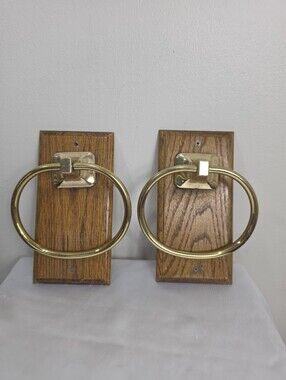 Vintage Brass Ring Towel Holders on Oak Wall Mounts - Pair
